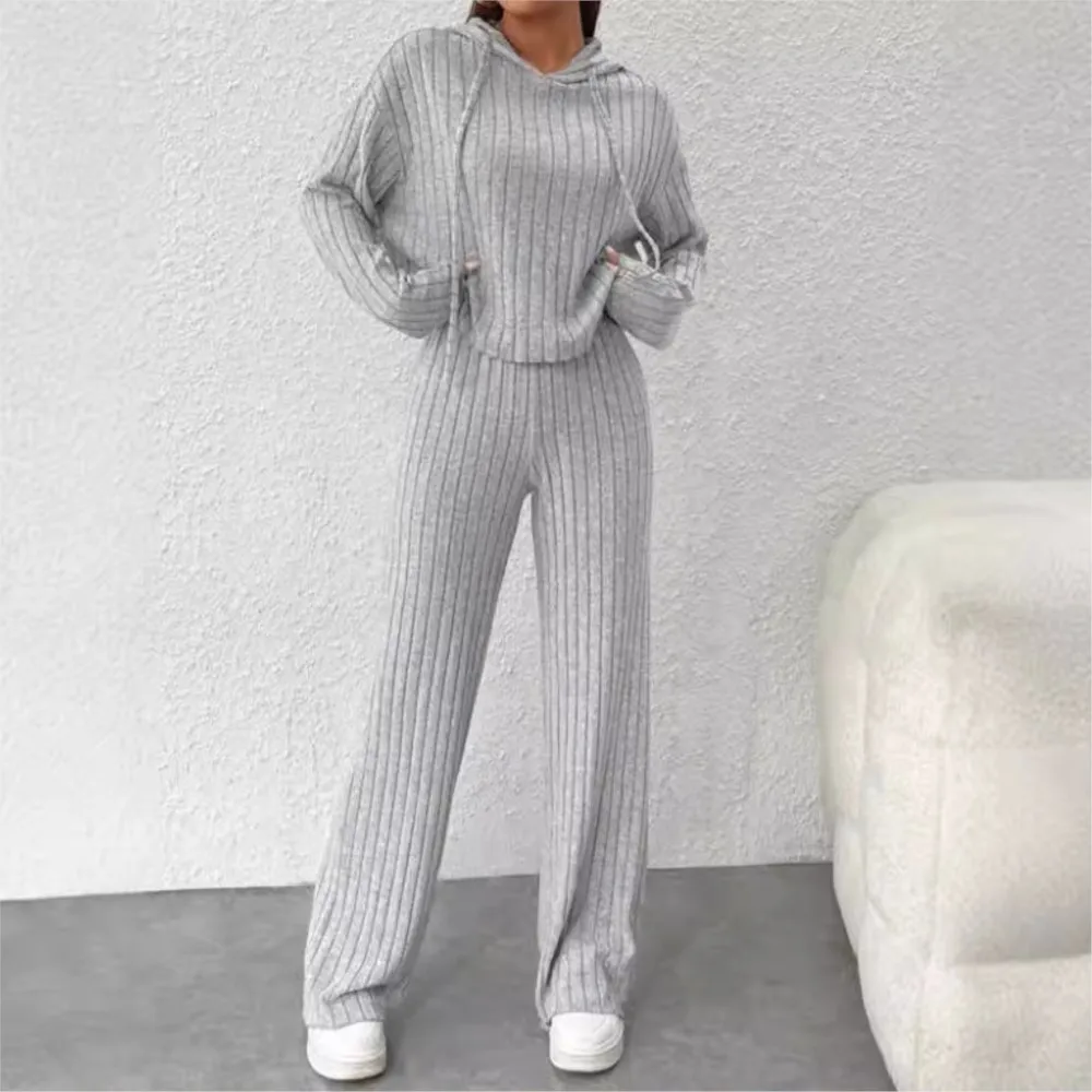 Frühling Herbst Gestrickte Gestreifte Kapuze Sweatshirt Lange Hosen 2 Stück Set Frauen Mode Lose Gestrickte Lange Hosen Weibliche Casual Anzug