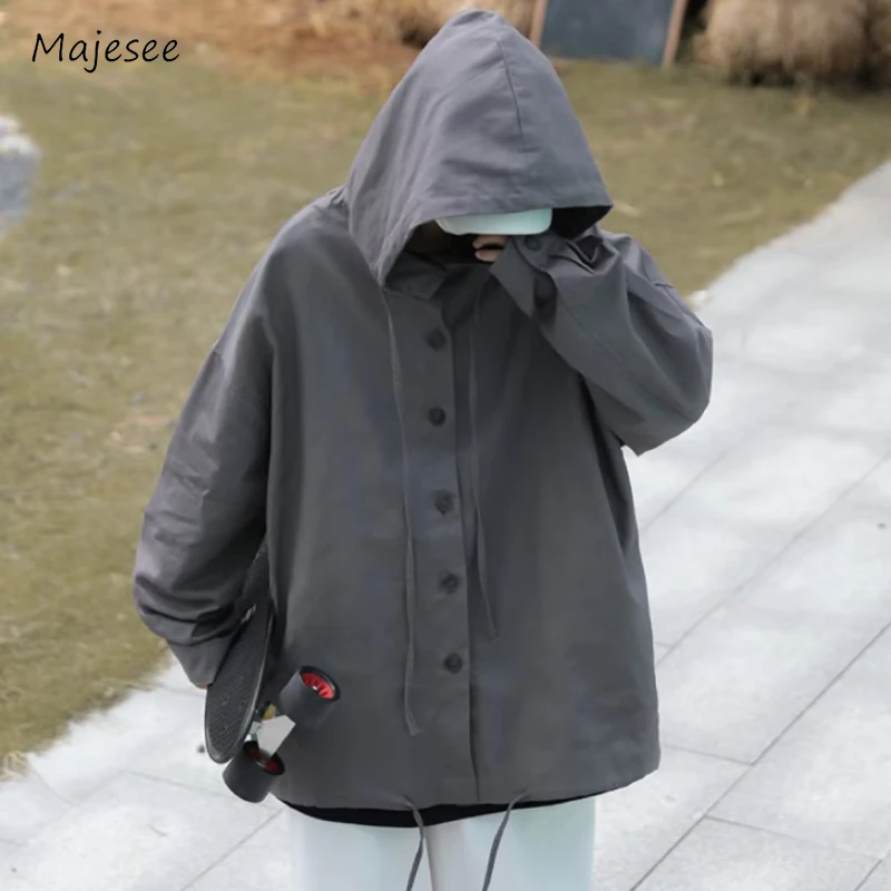 Hooded Jackets Men Autumn Solid Color Baggy Windproof Outer American Safari Style Teens Casual Sporty Parachute Chic City Boy