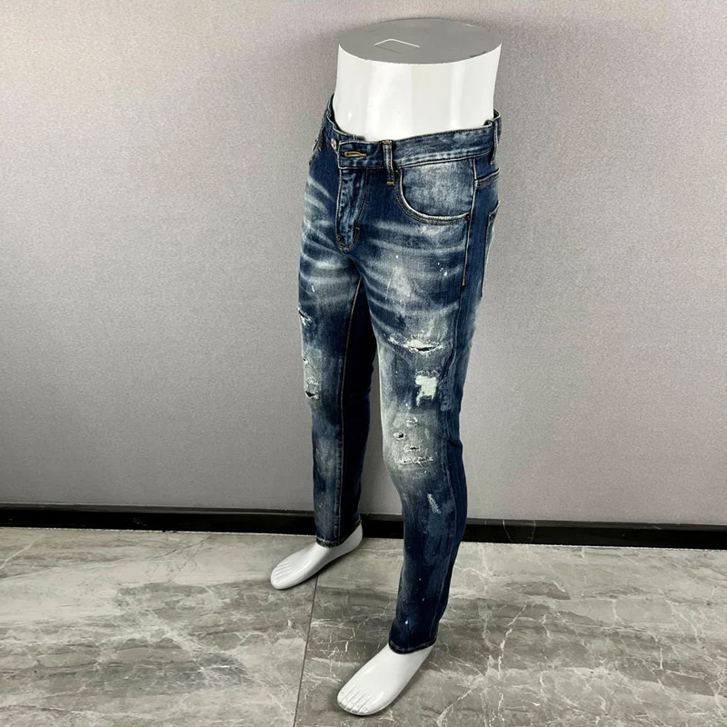 High Street Fashion Men\'s Jeans Retro Blue Elastic Slimming Ripple Painted Jeans Men\'s Splicing Designer Hip Hop Brand Pants Hom