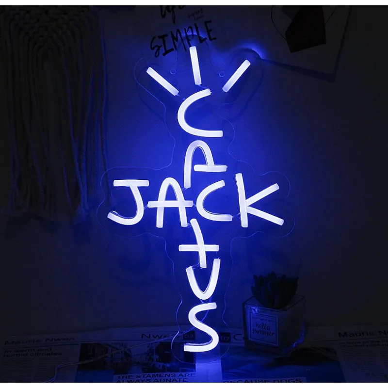 Cactus Jack letrero de luz de neón azul con palabras, arte de pared, luz de neón, luz rapspeaking, letrero colgante, dormitorio, hogar, señal USB