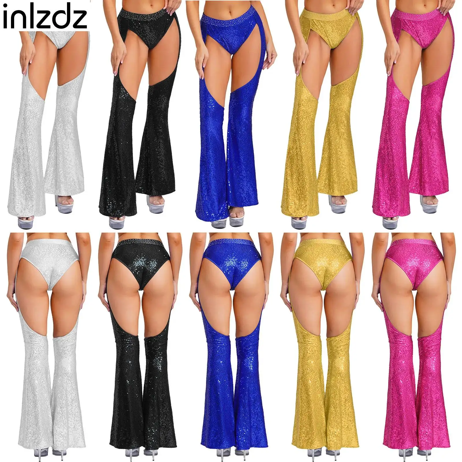 

Sparkly Sequin Flared Pants Womens Shiny Elastic Waist Hollow Out Chaps 80s Disco Bell Bottom Long Pant for Halloween Club Party