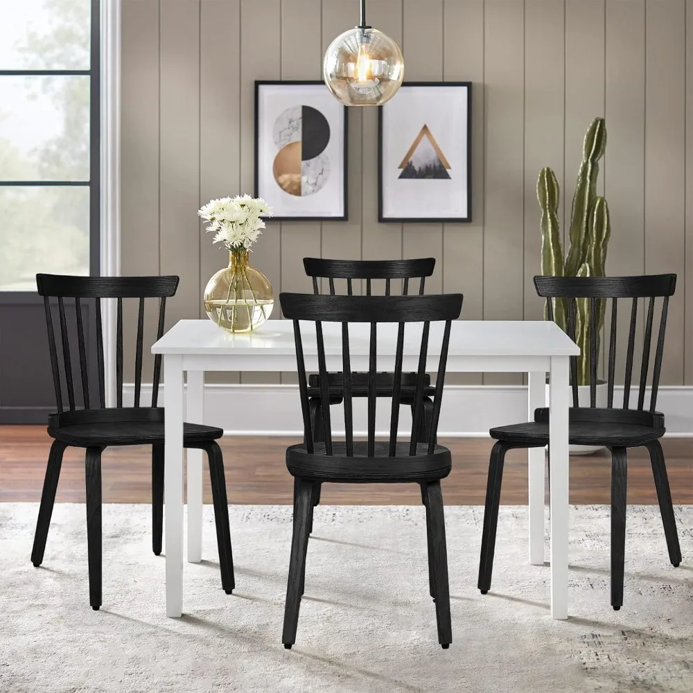 Windsor Dining Chairs Set of 6, Solid Wood Farmhouse Side Chair with Ergonomic Spindle Back and Bentwood Legs,Black,Dining Chair