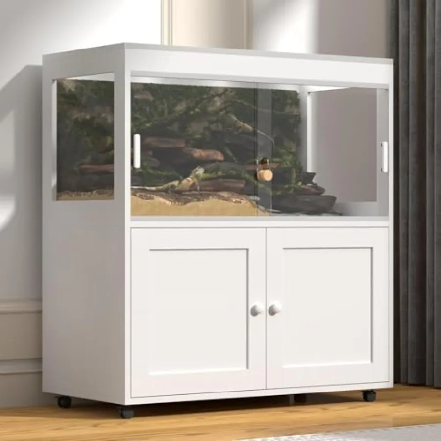 Large 60 Gallon Reptile Tank with Storage Cabinet Bearded Dragon Tank with Sliding Door, Wheels and Metal Mesh Roof for Snakes,