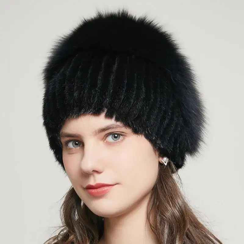 

JKP Women Winter Mink Fur Hat Real Fox Fur Knitted Cap Female Russian Warm Woolen Hat High-Quality Lady Fashion Hat 20GYR-02