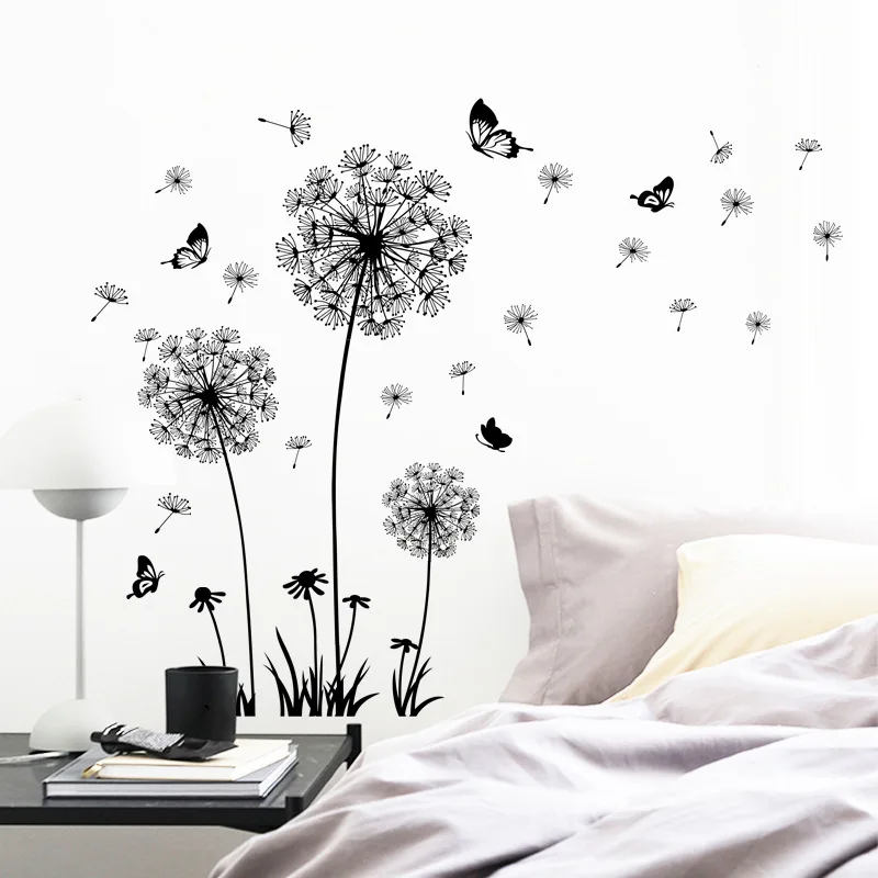 Black dandelion butterfly sticker for living room bedroom decoration self adhesive wall decor