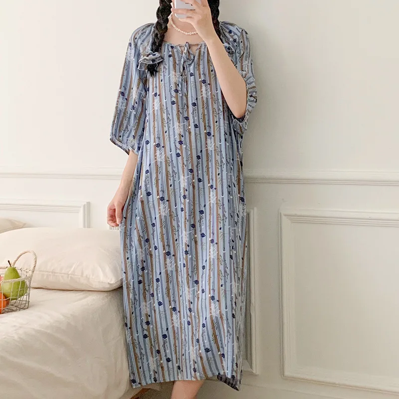 Nightdress Women Summer Cotton Silk Pajamas Seaside Vacation Dress Comfortable Nightgowns Female Home Thin Sleepshirts Girls