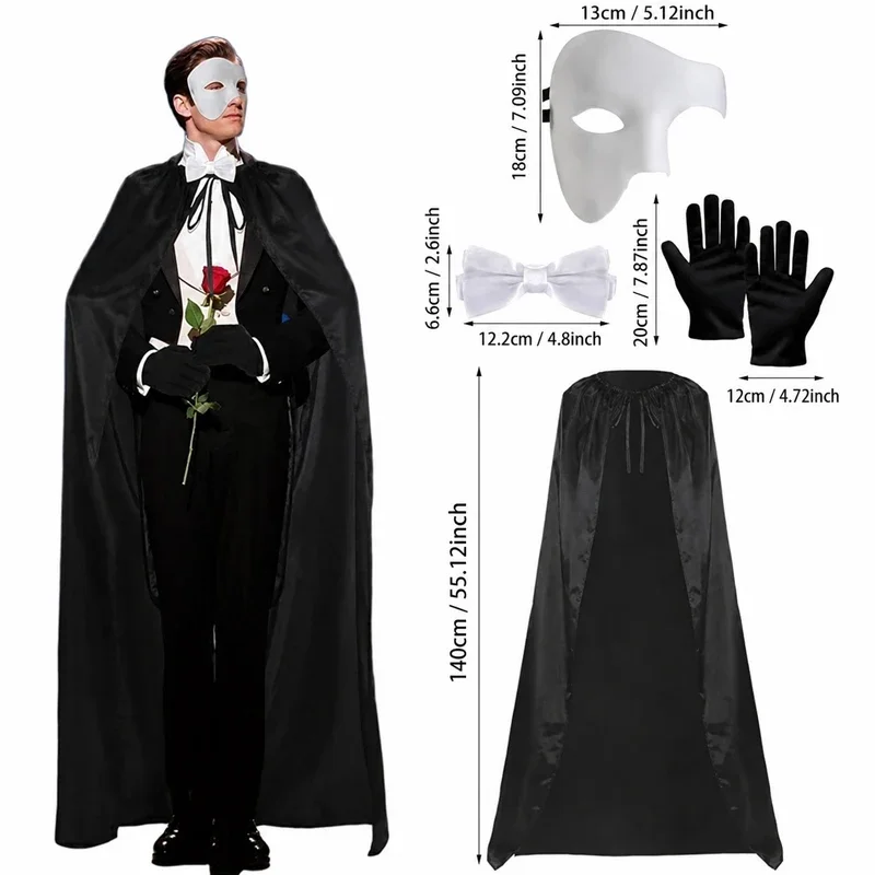 Men Halloween Opera Ghost Costume Set Black Cape Half Mask Bow Tie Gloves for Masquerade Ball Party Cosplay Outfit