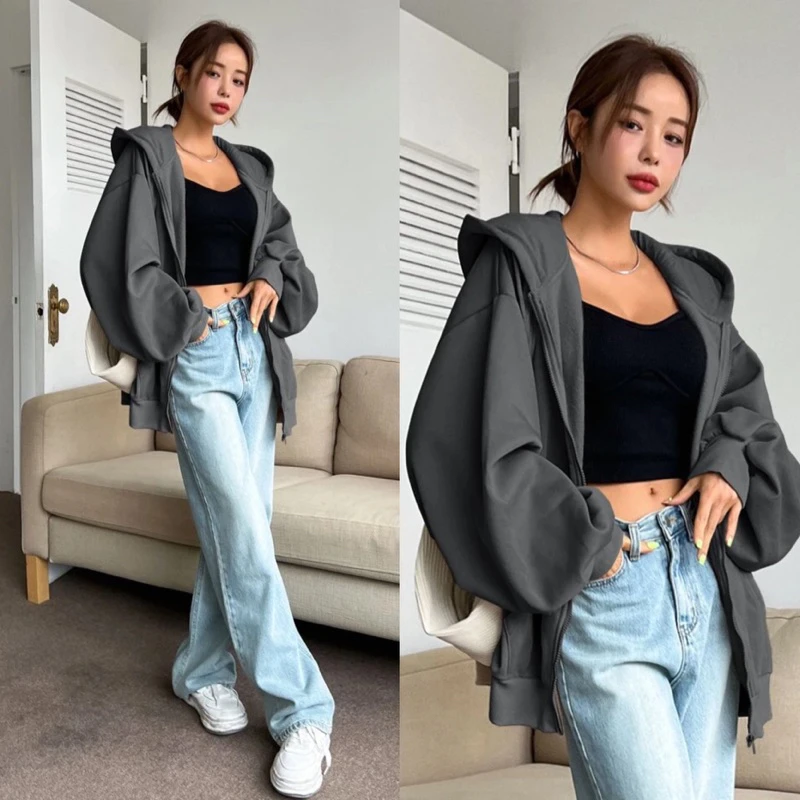 سويت شيرت بقلنسوة أساسي بسيط على الطراز الأمريكي للنساء، مناسب فضفاض مبطن بالصوف للخريف والشتاء، سحاب للزوجين متعدد الاستخدامات