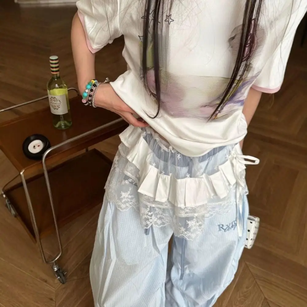 تنورة قصيرة جديدة مطرزة بالزهور من الدانتيل Y2K ملابس الشارع الشهير Harajuku تنورة مكشكشة بأربطة شفافة تنانير جينز مزخرفة