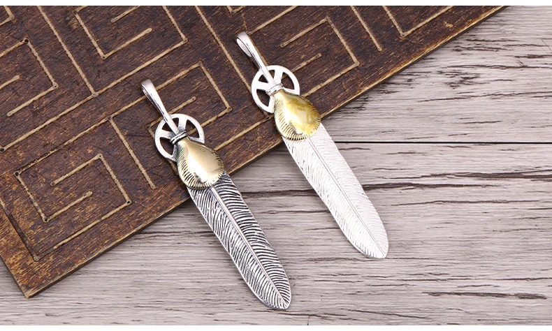 S925 Sterling Silver Jewelry Feather Pendant Brass Gold Shell Dotted Gold Men's and Women's Pendant Goro Thai Silver Sweater Cha