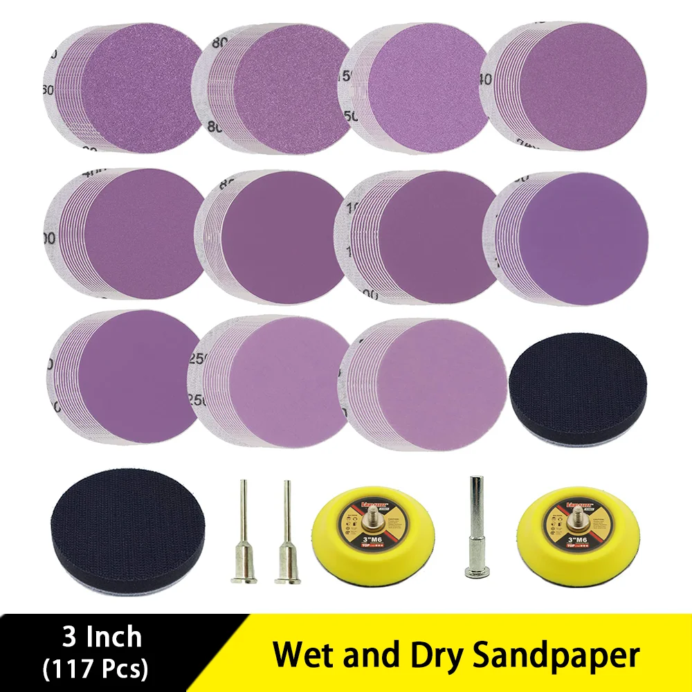 3 Inch Wet and Dry Sandpaper 117 Pcs Sanding Discs with Soft Foam Buffering Pads 1/8