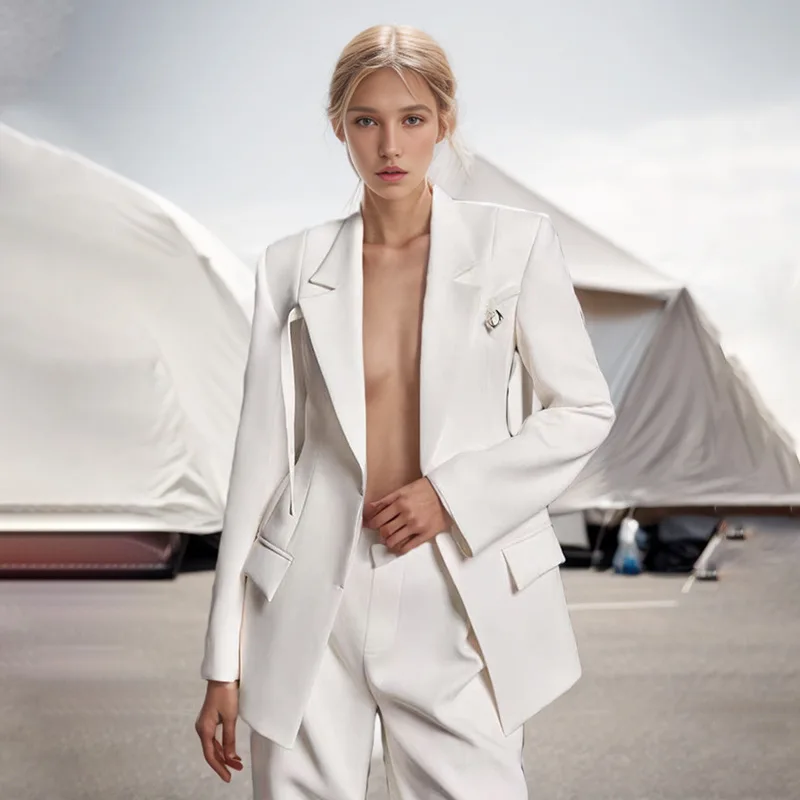 

Women's Slim-Fit Long-Sleeve Blazer Deep V-Neck Single-Button Pocket Design Fashion Autumn Outerwear