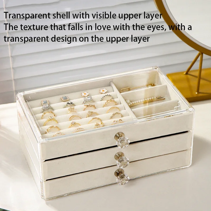 

Акриловая бархатная шкатулка для хранения ювелирных изделий с 3-мя ящиками, штабелируемая витрина, шкатулка для демонстрации аксессуаров, женская шкатулка для драгоценностей