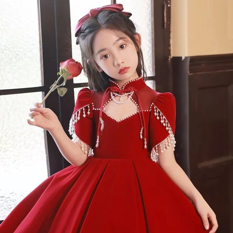 2026 New Red Girls' PrincessElegant Eids,Little Dress, Toddler Birthdayr Dresses Outfit for Party Fairy Gown, KidsGirl Summe