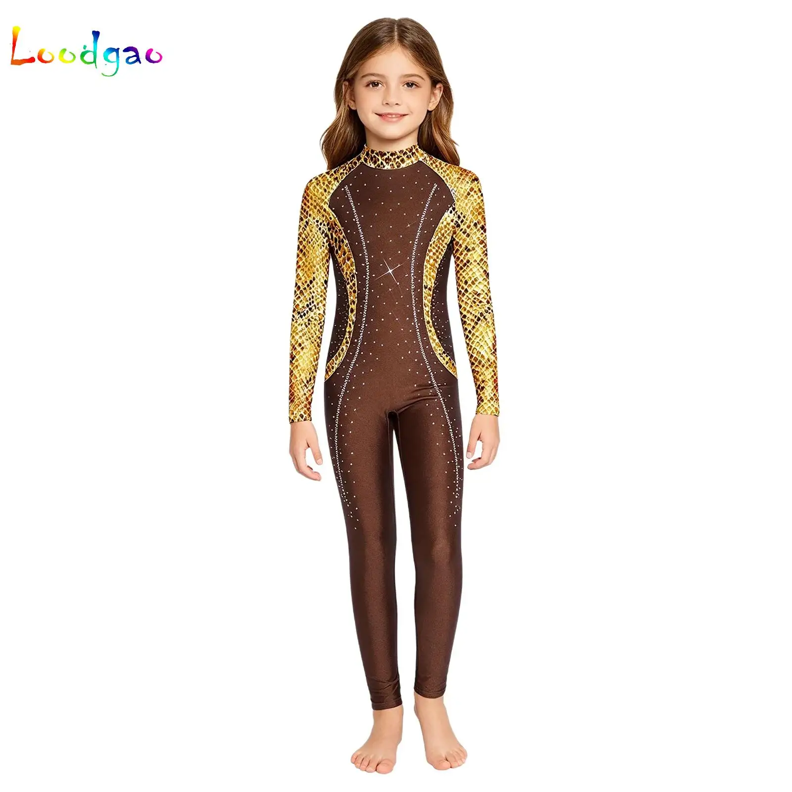 Kid Girls Rhythmic Gymnastics Leotards Figure Skating Tights Long Sleeves Shiny Rhinestones Workout Jumpsuit Performance Costume