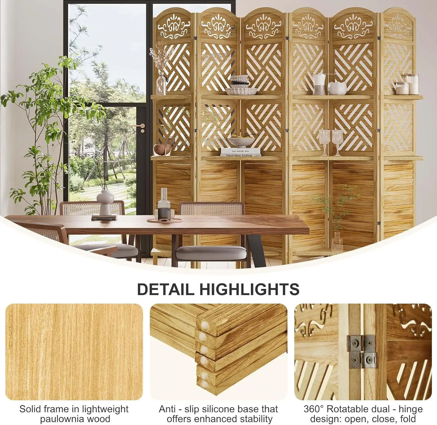 Divisorio pieghevole da 5,75 piedi con ripiani, 6 pannelli, schermo intagliato in legno naturale