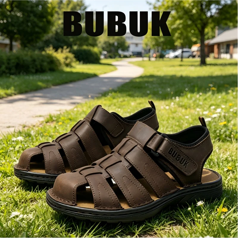 Sandalias de exterior para hombre Bubuk con capa superior de cuero de vaca, sandalias romanas informales de suela gruesa antideslizantes para verano, sandalias de cuero genuino resistentes al desgaste para senderismo urbano y trekking en ríos