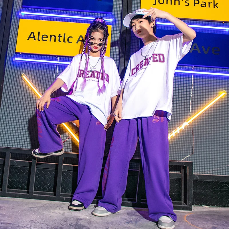 Hip Hop Street Dance Costume White Crewneck T-shirt Pullover Purple Elastic Waist Letter Print Trousers 2pcs Boys Girls Clothing