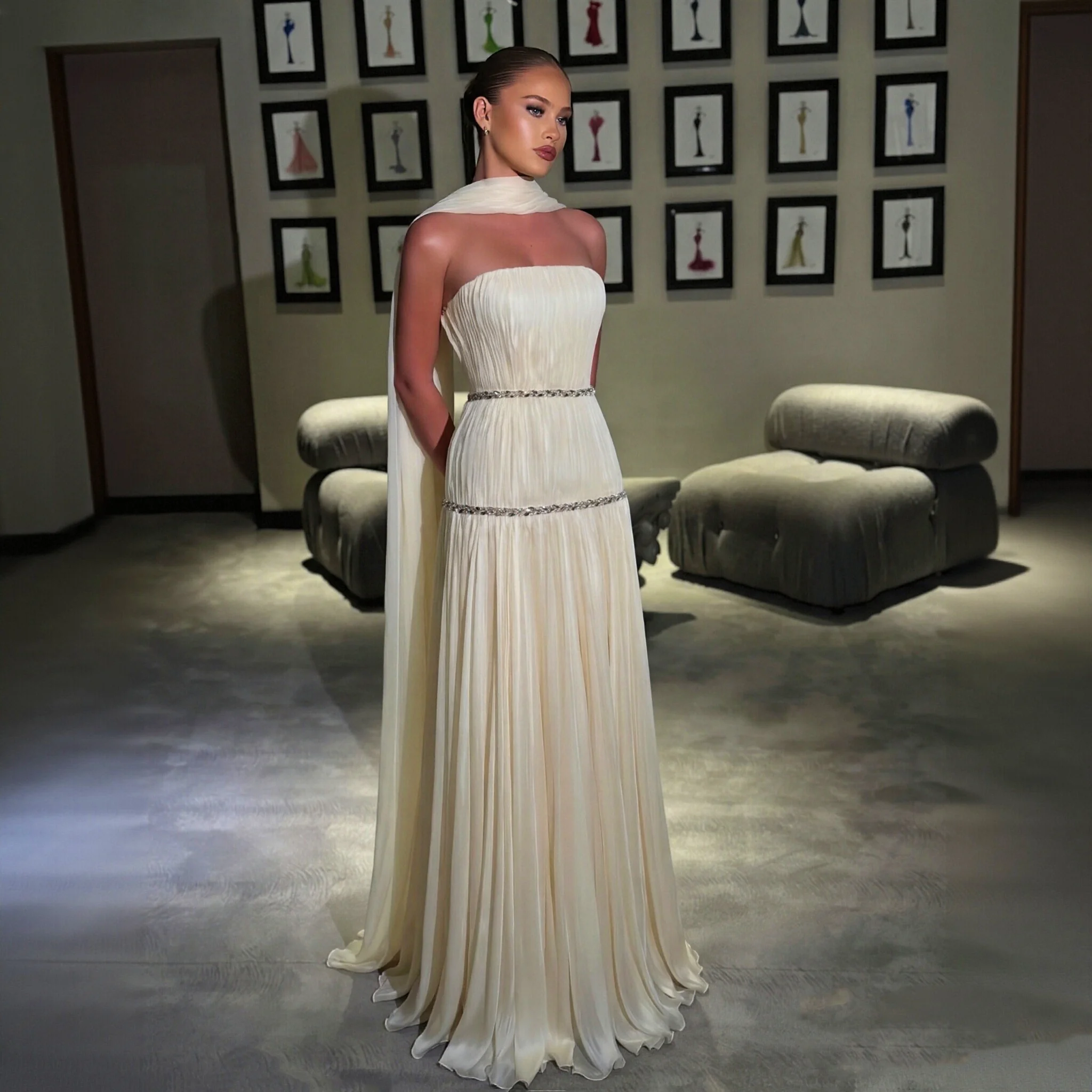 Sharon Said Evening Dress Simple A-Line Beige Chiffon Strapless Pleated Crystal Elegant Dubai Formal Party Gown SF232 Customized