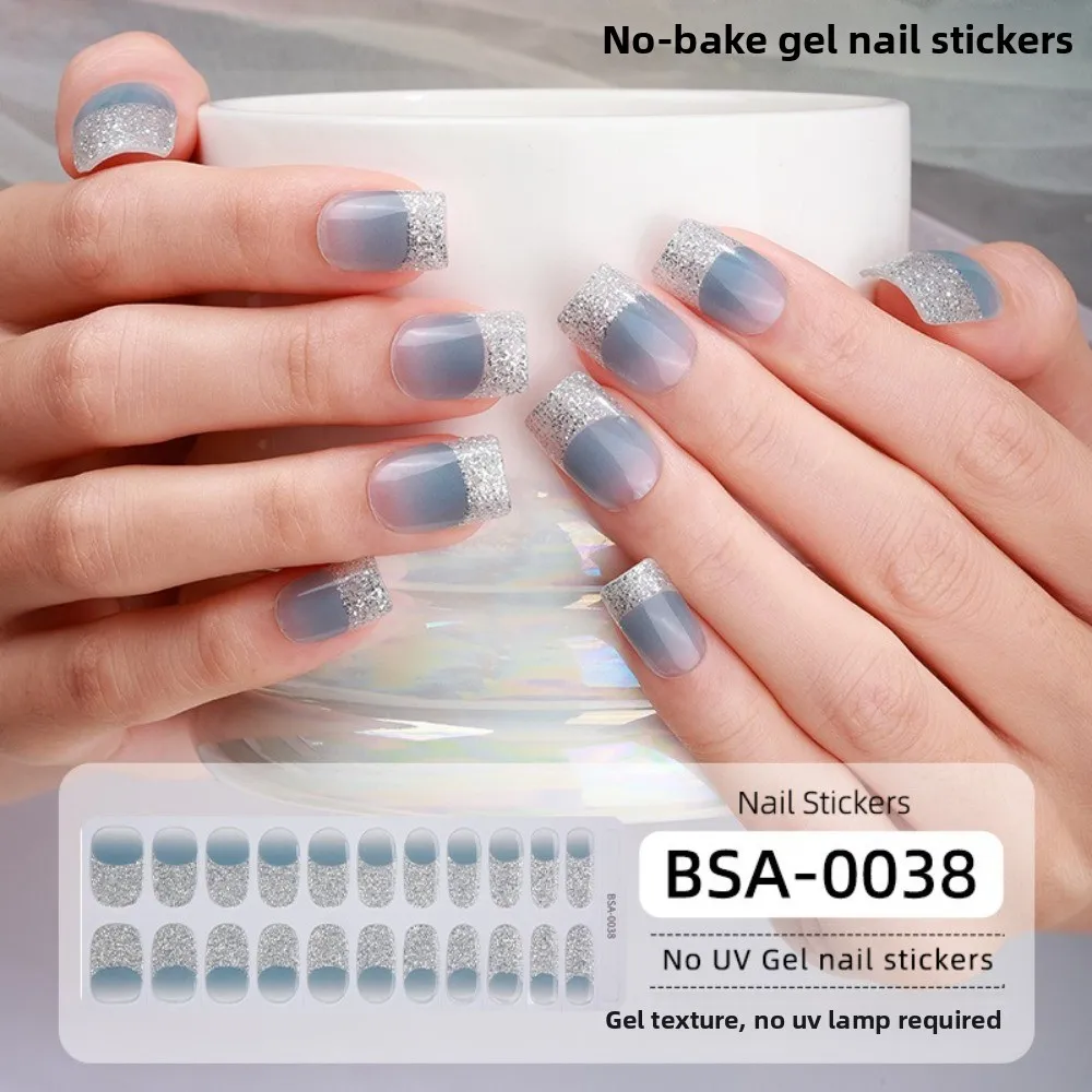 22Strips Semi-Cured Nail Wraps Semi Cured Full Cover UV Nail Sticker French White Edge Long Lasting Gel Nail Sticker Wraps 2