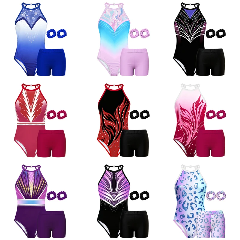 Girls Gymnastics Leotard Halter Neck Bodysuits Tumbling Activewear for Kids with Shorts and Hairband No Diamond ﻿