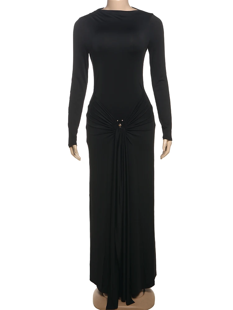 Nibber Casual Geraffte Temperament Maxi Kleid Frauen Täglichen Mode Dünne Volle Hülse Solide Kleid Mitternacht Prom Party Lange Bodycon