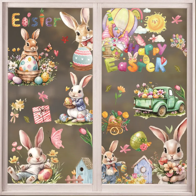 Easter Bunny Eggs Window Stickers Home Living Room Decoration Easter Pvc Bunny Static Stickers Easter Party Home Decoration