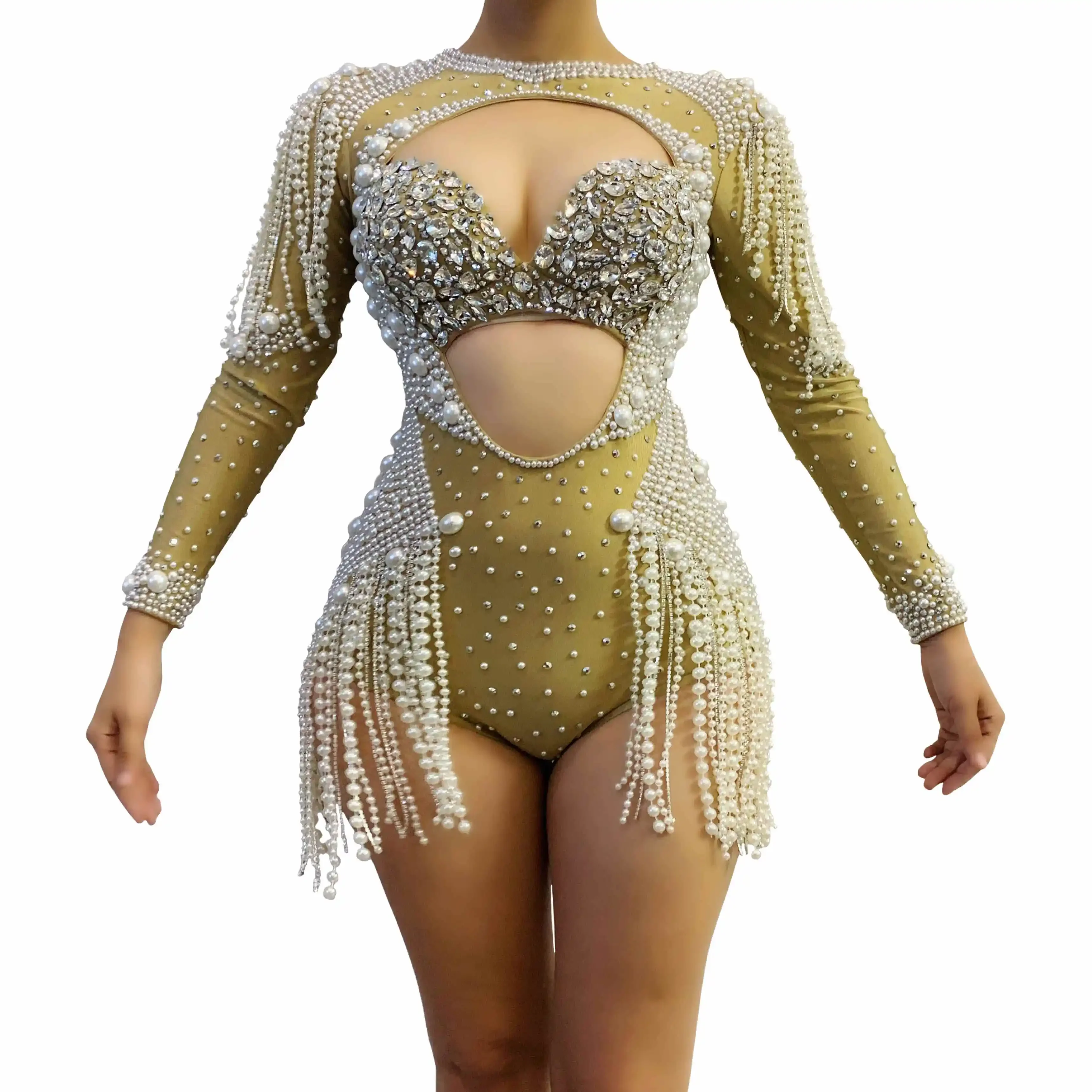 Sexy Hollow Out Rhinestones Bodysuit Pole Dance Costume Pearls Tassel Drag Queen Outfit Singer Performance Stage Wear