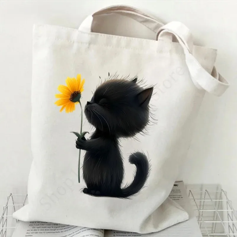 لطيف القط الأسود مع الزهور القهوة نمط قماش حمل حقيبة حقيبة الكتف ملحق ساحر للتسوق الاستخدام اليومي عشاق القط
