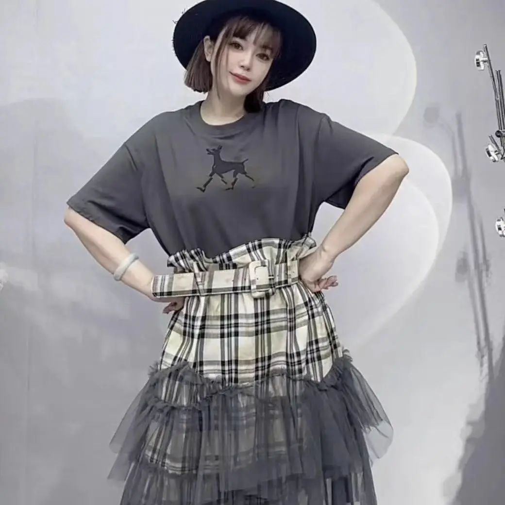 シックなガーゼシャーリングロータスパッチワークチェック柄 Tシャツドレス夏市松メッシュスプライシングフリルロング Tシャツドレス半袖トップス