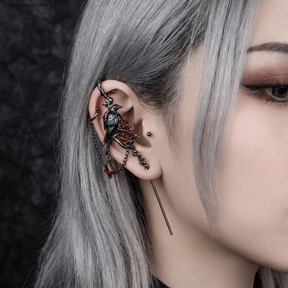 Vintage Crystal Rhinestone Thorn Piercing Earring Black Silver Colors Crow Ear Pin Red Lightweight Ear Stick Statement Jewelry
