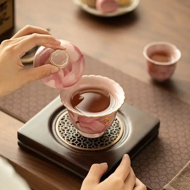 100ML National Lily Imitation Song Cover Bowl Powder Ru Kiln Two Cover Bowl Flower Mouth TeaBowl Ceramic Exquisite KungFu TeaSet