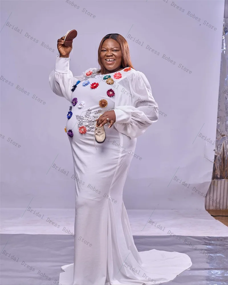 

White Women Pregnant Prom Dress For Photo Shoot Elegant 3D Flowers Full Sleeves Bridal Morning Robe Customized Long Party Gown