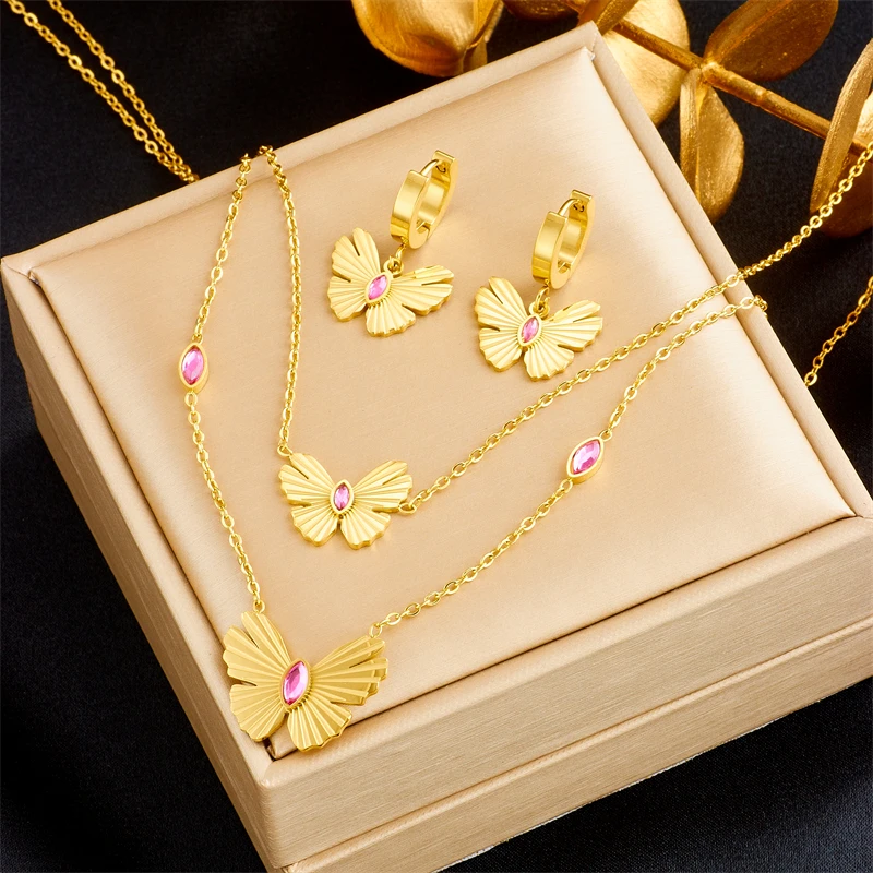 

DIEYURO 316L Stainless Steel Butterfly Pink Zircon Necklace Earrings For Women Girl Fashion Multilayer Chain Jewelry Set Wedding