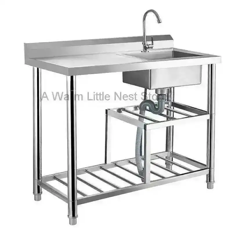 Countertop Integrated Stainless Washbasin Steel Kitchen Sinks Kitchen Single Slot with Platform Home Washing Sinks with Bracket