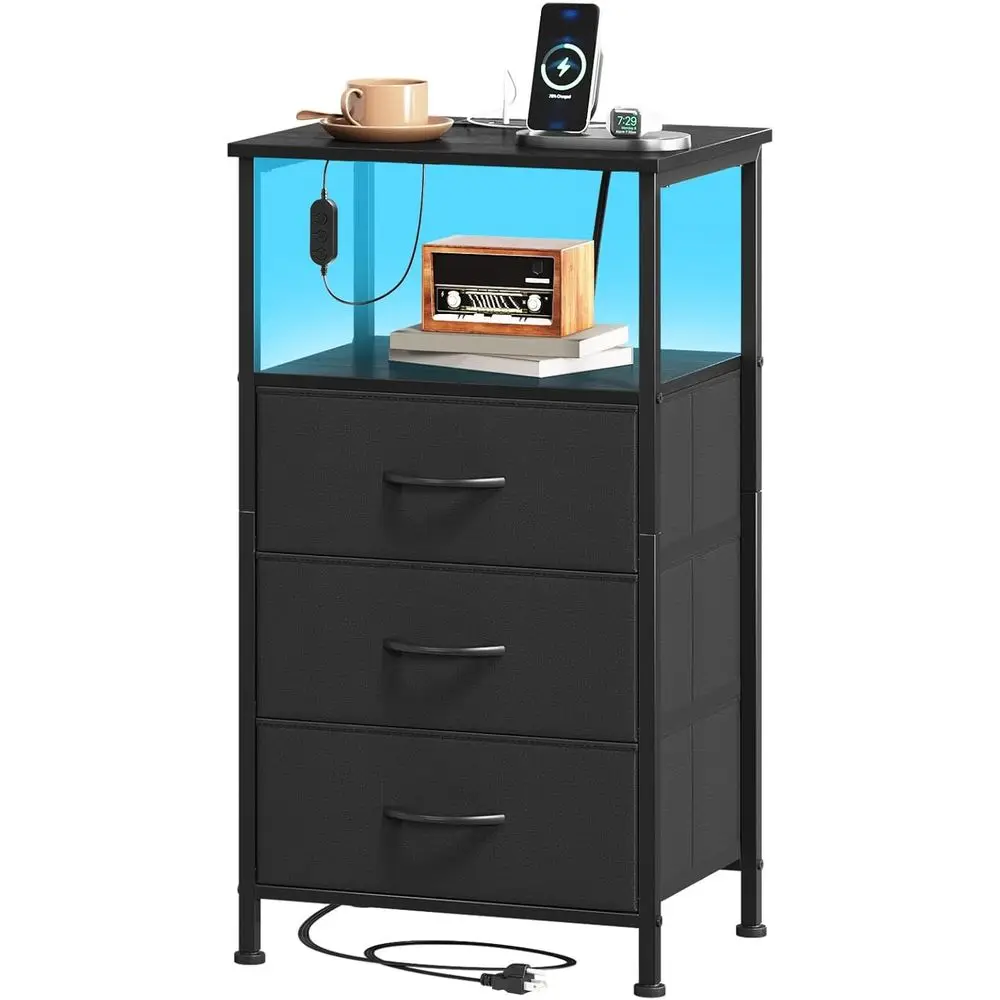 

Black Nightstand with Charging Station and LED Light, Tall 3 Drawer Dresser with Fabric Bins