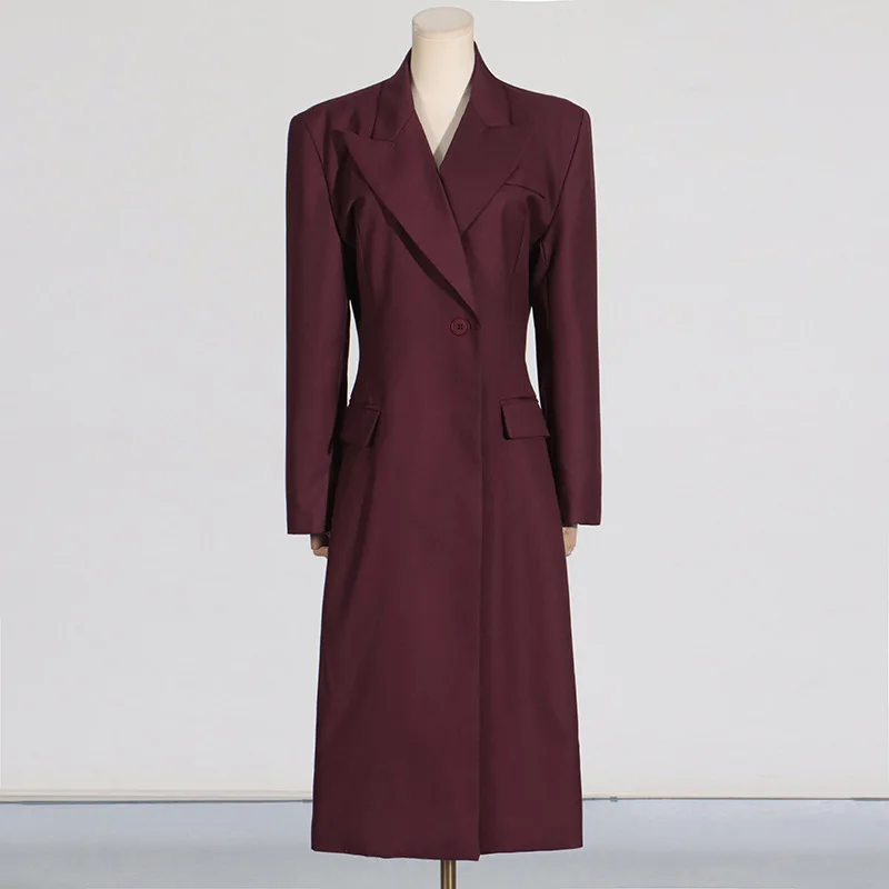 Vefadisa 2025 Spring Autumn New Angora Red Women Suit Coat Notched Long Sleeve Waist Long Suit Coat Temperament Coat ZXY1458A