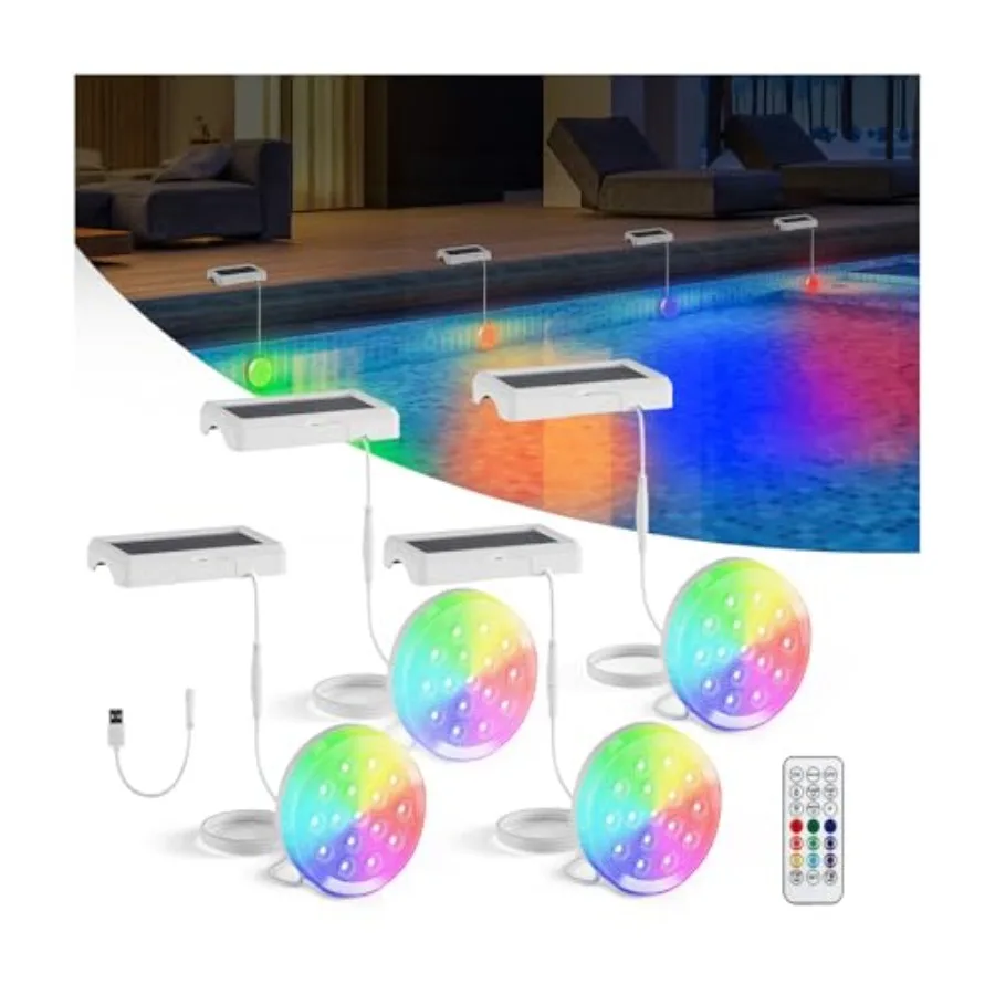 

Upgraded Solar Pool Lights USB Rechargeable Submersible LED Lights 4.55 Inch IP68 Waterproof Pool Light 22 Colors with Remote M