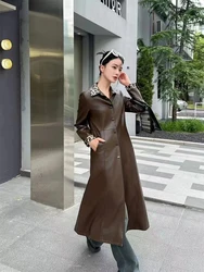 women's leather jacket spring autumn clothes Long PU fabric V-neck Sheepskin coat for High end fashion Women's coat