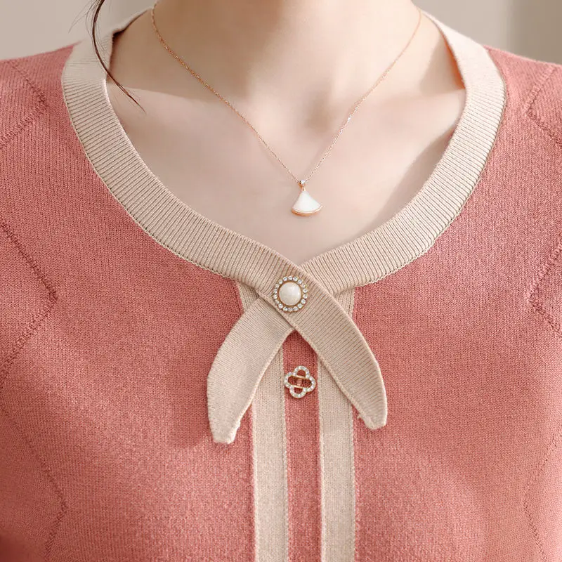 Fashion Elegant Solid Spliced Knitted Tops Autumn Winter Women's Clothing All-match Simplicity Long Sleeve Sweaters for Female