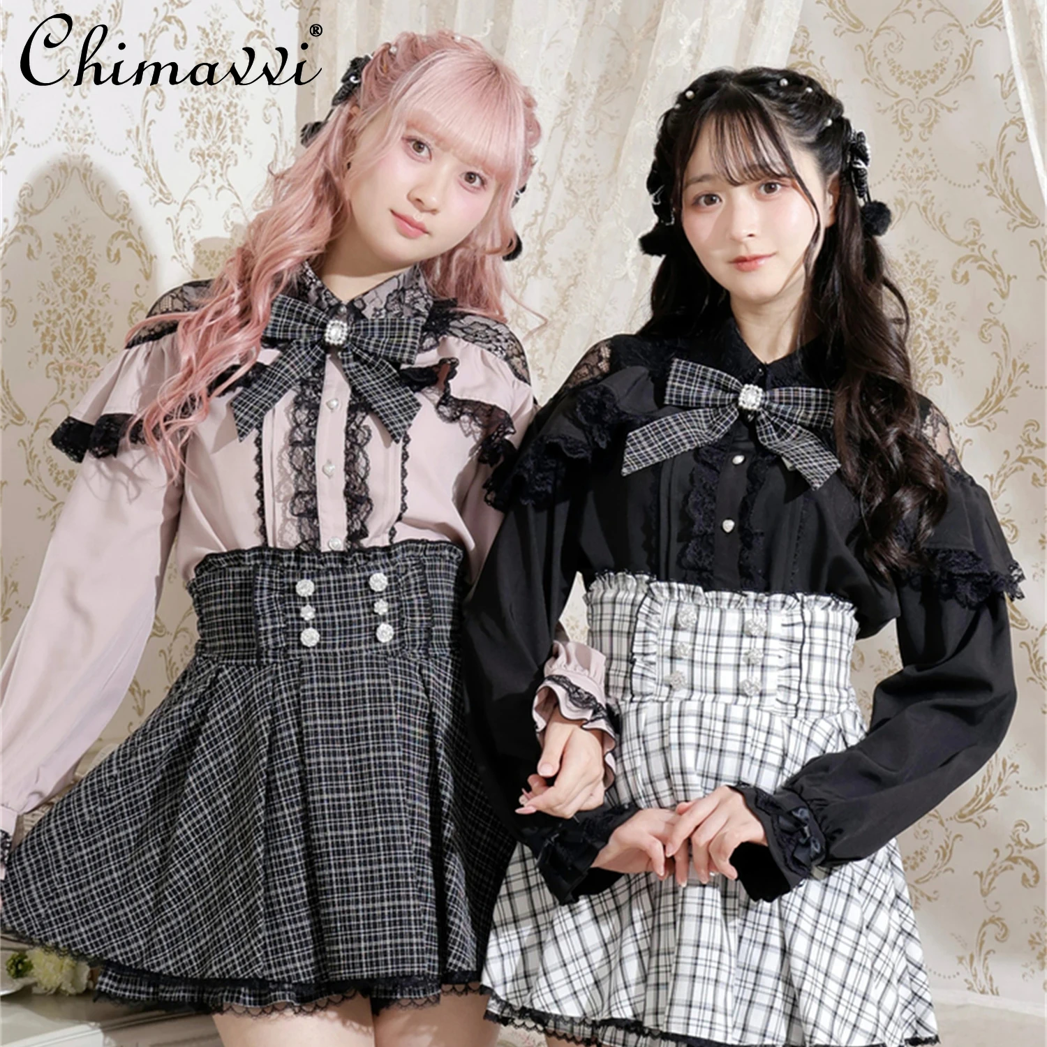 和菓子系可愛い地雷シリーズ量産型リボン付き長袖シャツ2025秋新作レース長袖ロリータブラウストップ