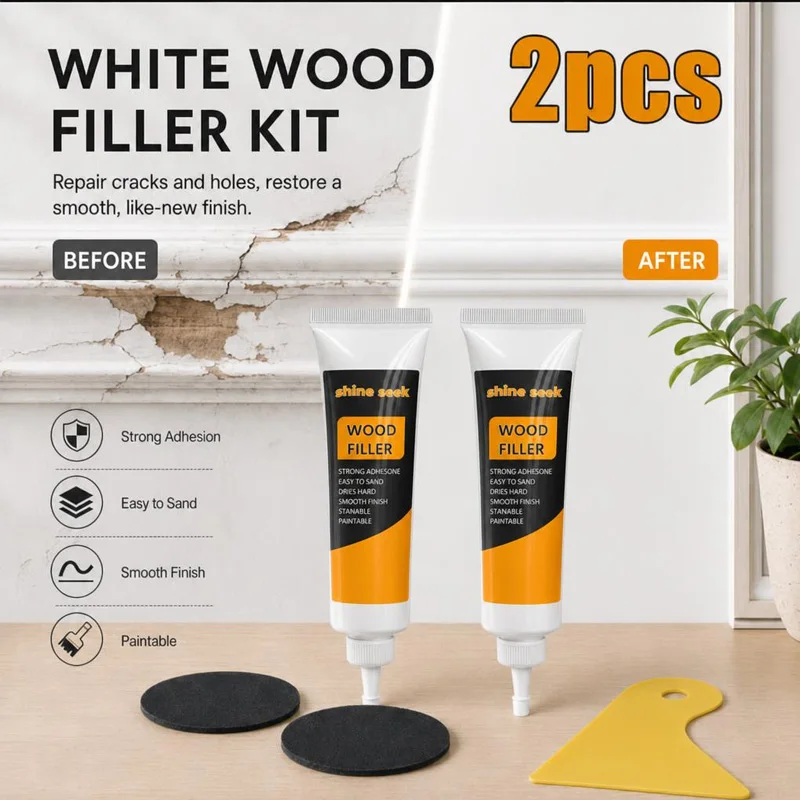 2Pcs Wood Repair Paste + 1Pc Scraper + 2Pcs Sandpaper Set, Can Be Used to Apply Paintable Wood Putty | Easy to Sand, Resists Shrinking and Cracking, Quickly Repairs Cracks, Holes, and Damage (White) | Can Effectively Cover Scratches, Dents, Nail Holes, Cracks, and Stains. Suitable for Wooden Doors, Floors, Tables, Cabinets, Desks. Indispensable Woodworking Tools, a Great Choice!