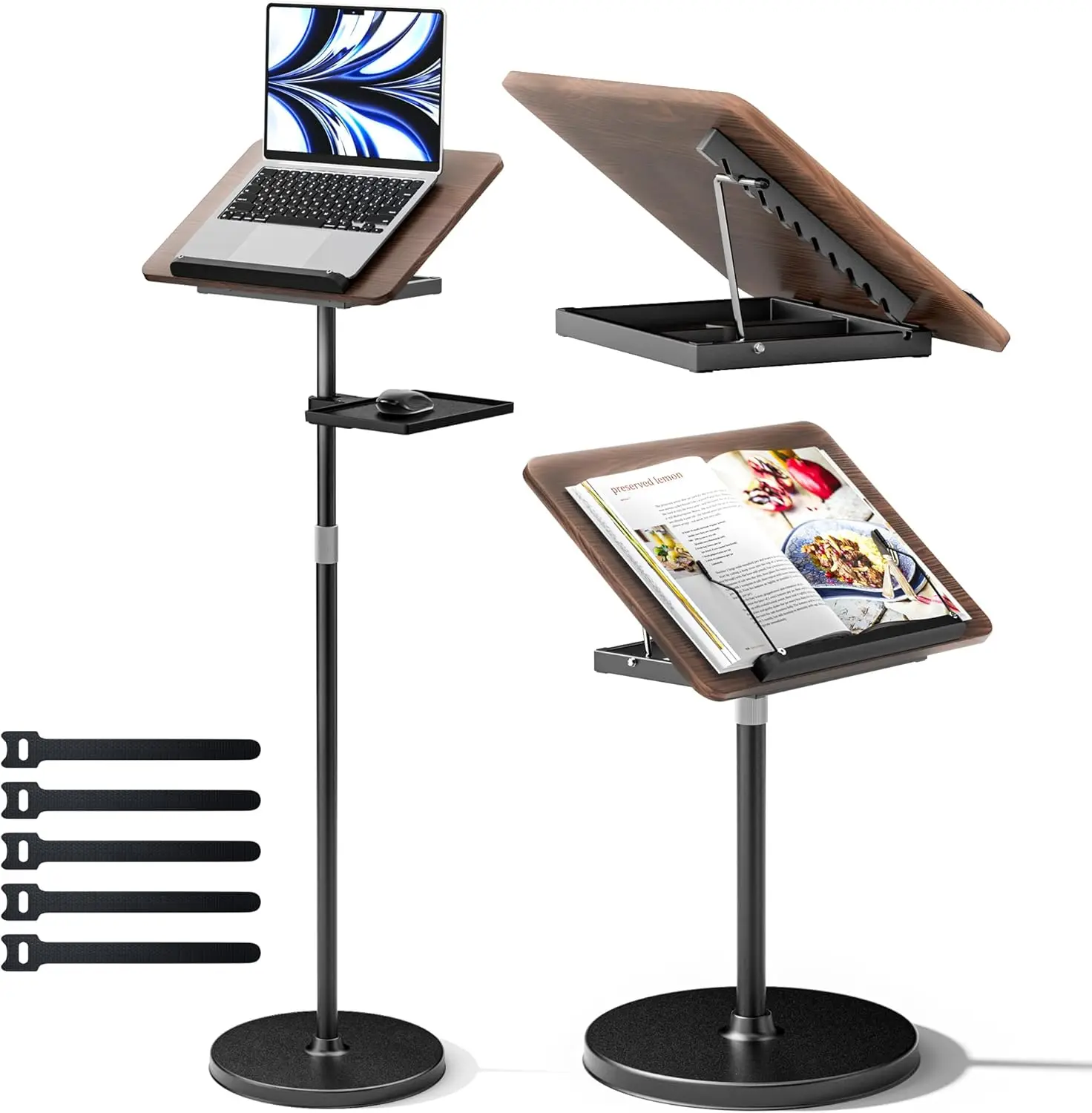 2-in-1 Adjustable Book Stand: Floor & Desktop, Height 23.5-52 in, Elastic Clips for Books, Tablets, Laptops