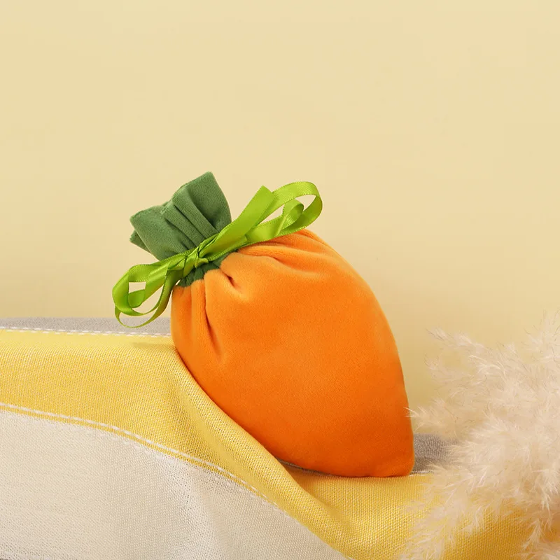 10PCS 2024 Easter Velvet Gift Bag Carrot Jewelry Basket Rabbit Ear Snacks Cookies Candy Bags With Drawstring For Party Supplies