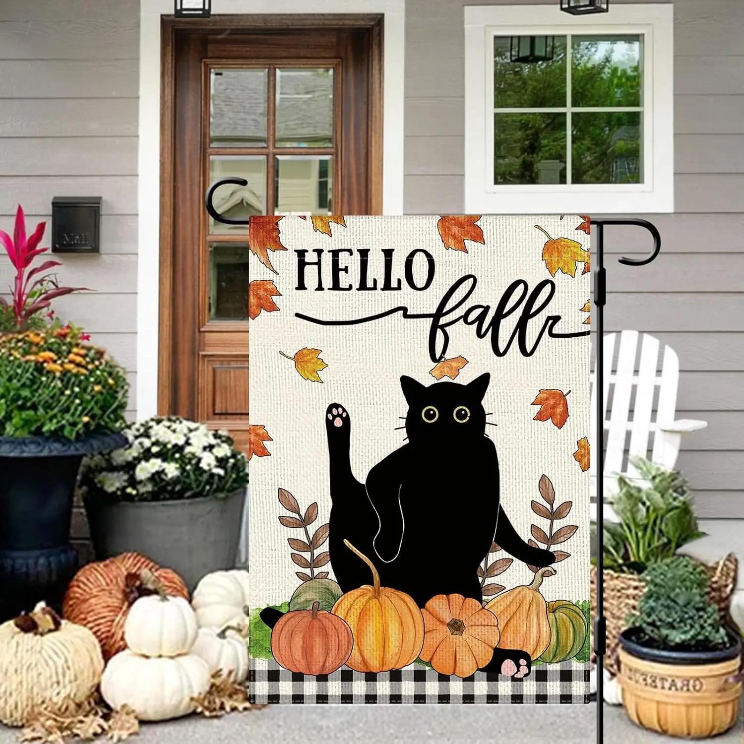 DLZDN Hello Fall Cat Garden Flag Autumn Black Cat Pumpkins Maple Leaves Flag 12×18 Inch Double Sided Buffalo Plaid Farmhouse Yar