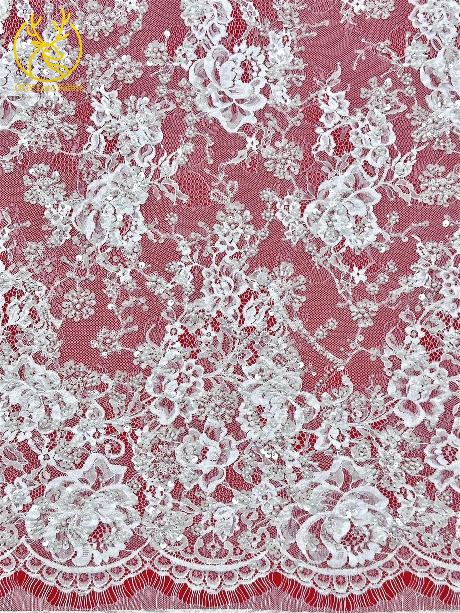 3 Meter exquisiter Perlen-Spitzenstoff, afrikanischer Spitzenstoff mit Pailletten und verstreuten Blumenstickereien zum Nähen von Brautkleidern – Detail 13