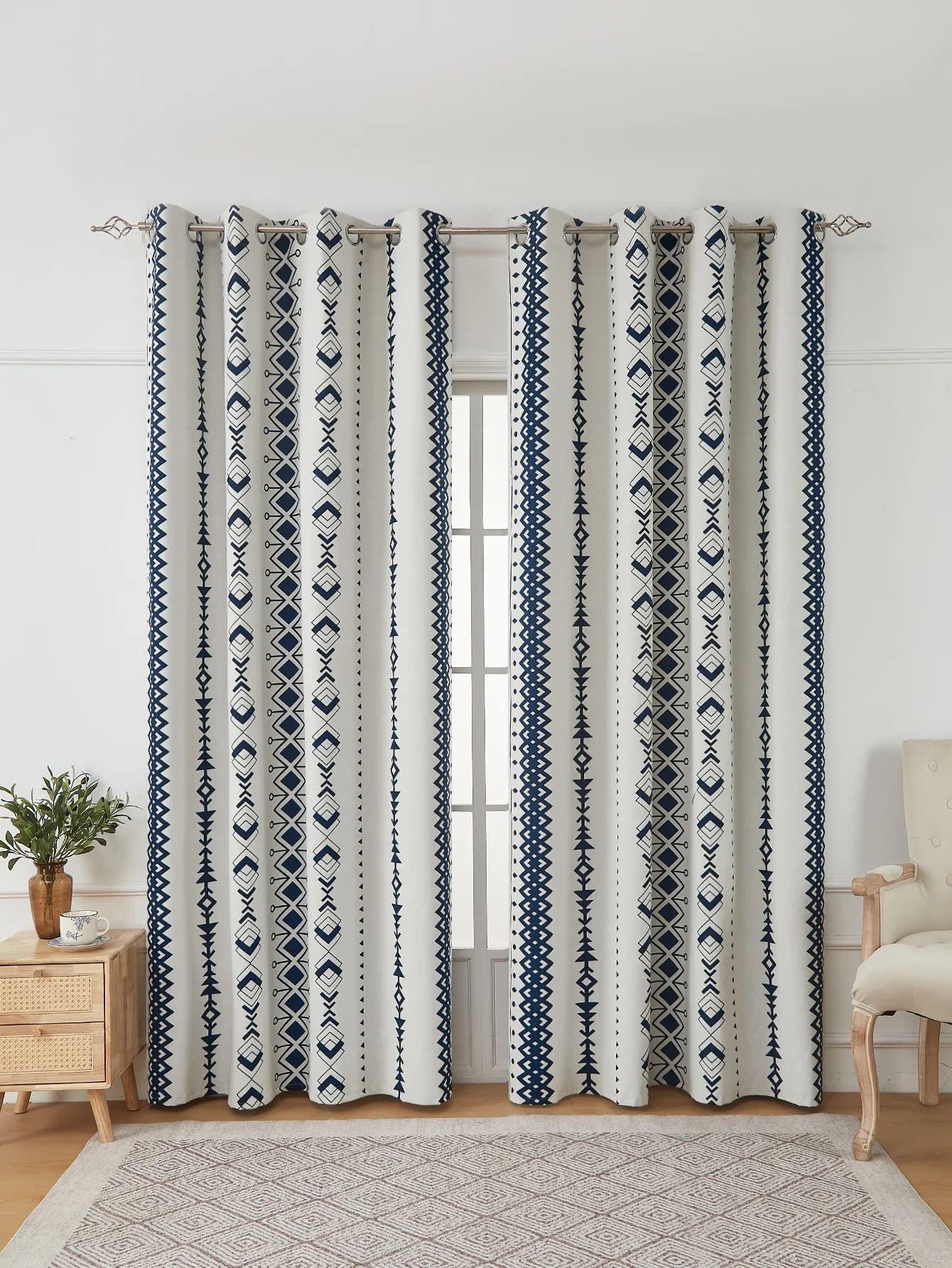 Blue and white circular small grid perforated curtains, living room and bedroom full blackout curtains Pink curtain Bead curtain