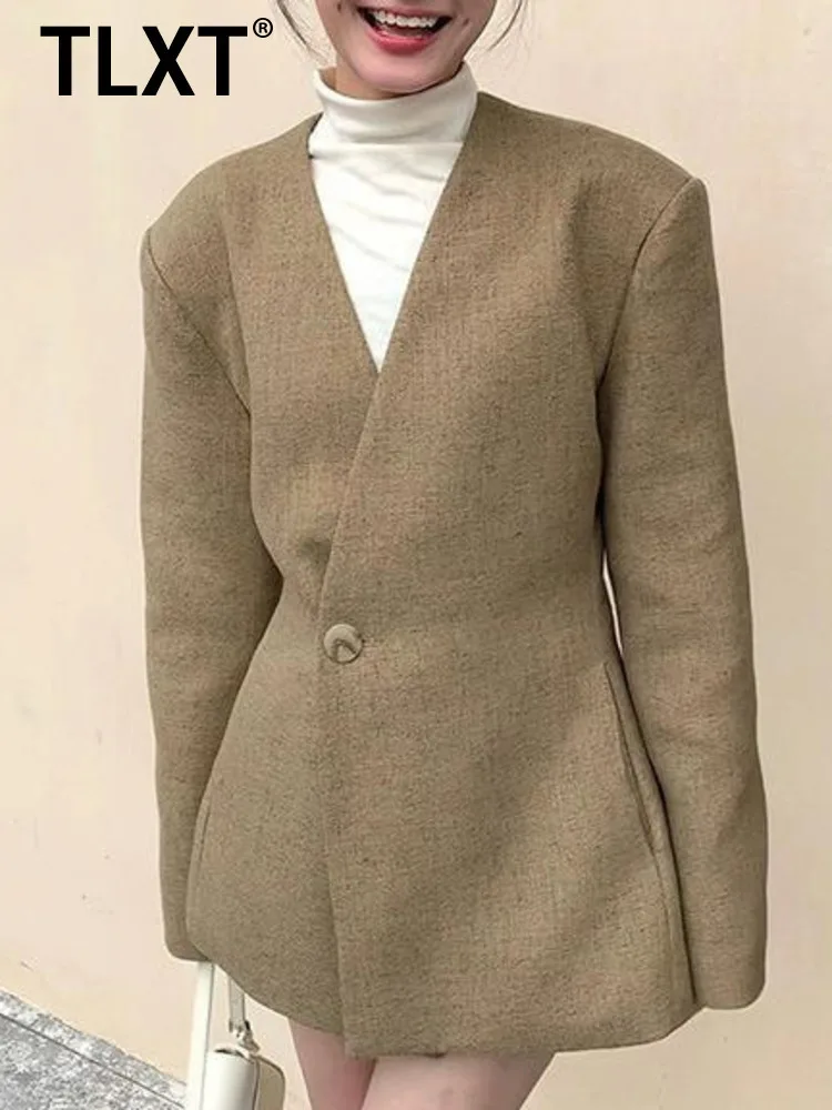 

TLXT Spring And Autumn New Style Fashionable Solid Color Waist Collection Single Button V-neck Suit Coat For Women 2025 New
