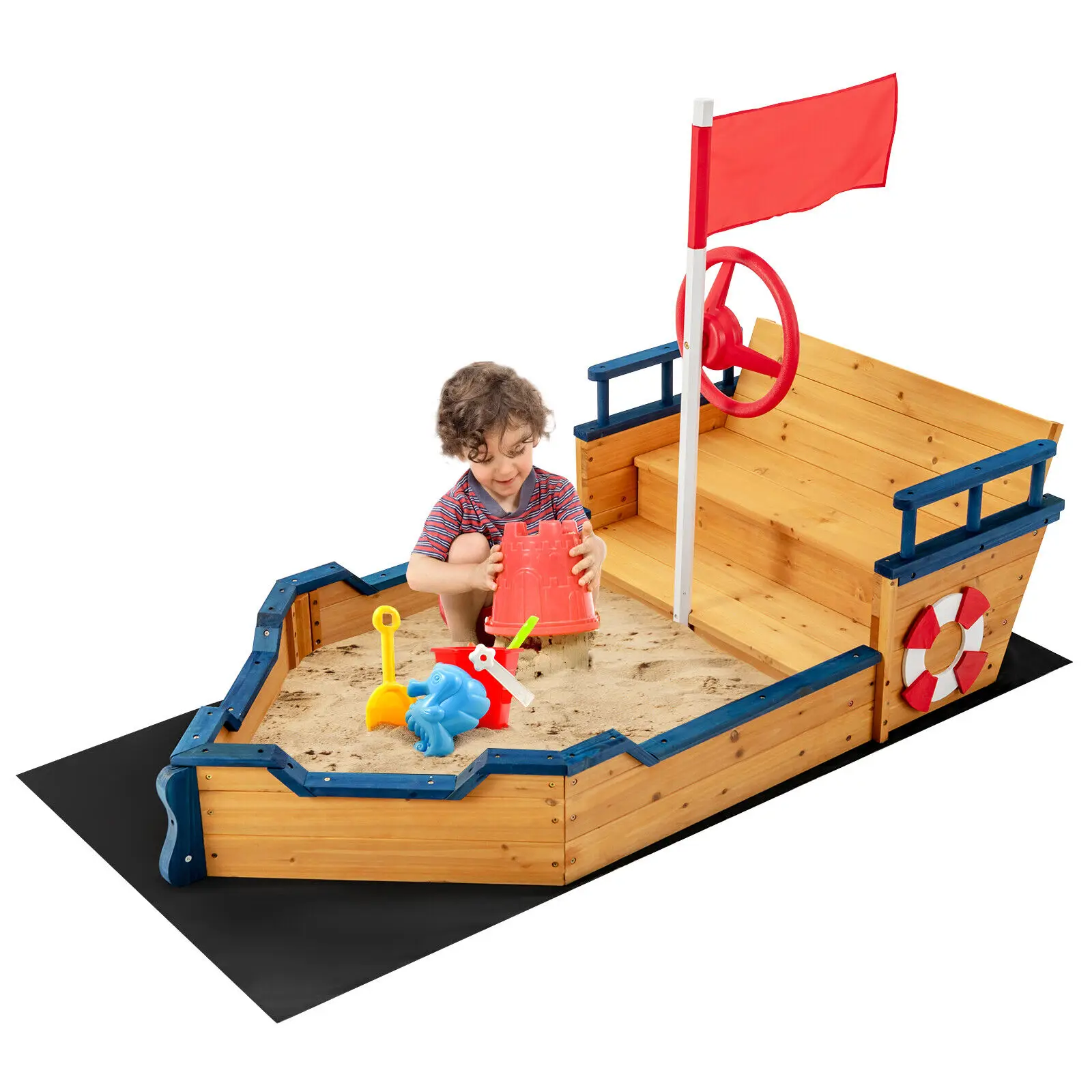 

Costway Kids Pirate Boat Wooden Sandbox Non-Woven Fabric Liner Children Outdoor Playset