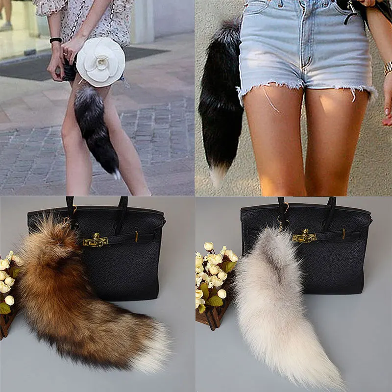 New Fox Tail Keychain Wolf Tail Fur Tassel Bag Tag Black And Brown Pom Pom Charm Keyring Holder Strap Chain Gifts